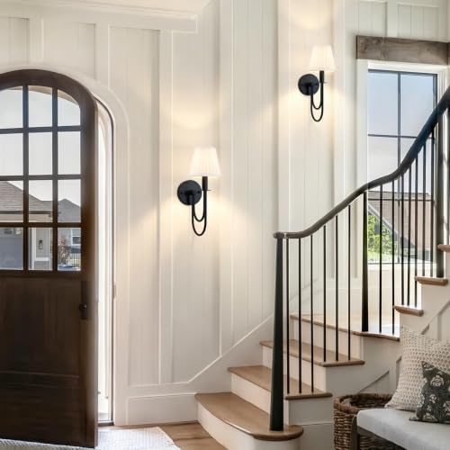 Image of Black Wall Sconces Set of Two, Modern Wall Lamps with White Pleated Shade | Industrial Wall Light Fixtures for Bedroom Living Room Hallway Bathroom Vanity