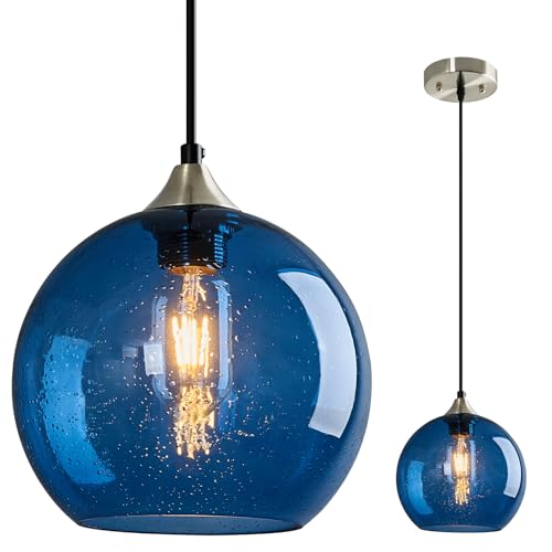 Image of Blue Glass Pendant Lights Kitchen Island Lighting Globe Pendant Light Fixtures Modern Pendant Lighting for Kitchen Island Bedroom Living Dining Room Light Fixture(7.87in, 1-Pack)