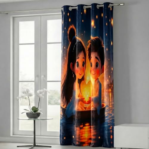 Image of Home Sizzler 7D Cartoon Couple Night Sky Eyelet Polyester Room Darkening Door Curtains - 7 Feet (Pack of 1)