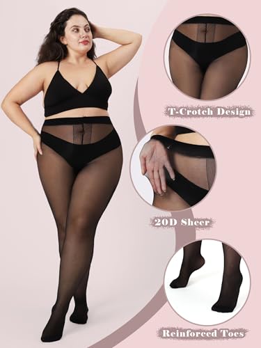 Image of Plus Size Sheer Black Tights for Women T-Crotch 20D Ultra Thin Pantyhose High Waist Stockings 2 Pairs