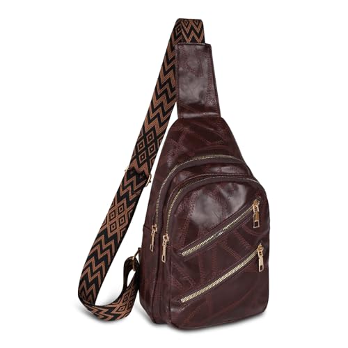 Relang Sling Bag for Women Crossbody, Leather Cross Body Fanny Packs for Women, Trendy Chest Bag for Travel and Daily Use (Black Cracked Leather