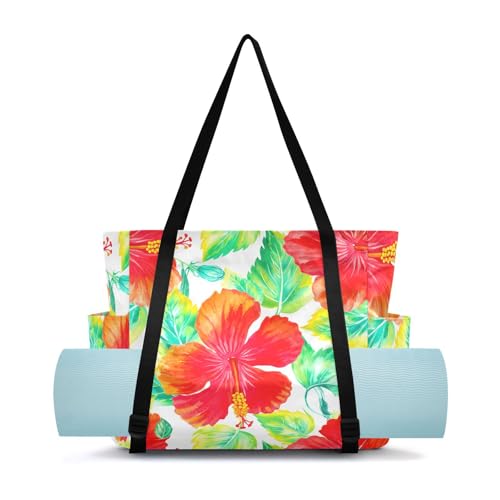 Lxqimora Hibiscus Leaves Watercolor Yoga Mat Bag for Women Water-Resistant Gym Bag with Yoga Mat Holder Tote Bag for Office Travel Yoga Pilates