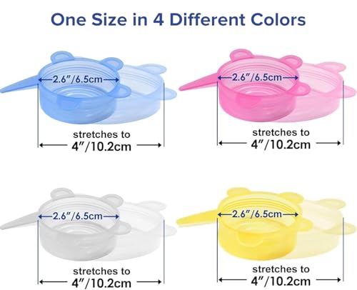longzon Silicone Lids Food Covers – [12 Pack] One Size Small Stretch Lids for 2.6”–4” Containers, BPA-Free, Reusable, Fits Cups, Jars, Bottles – Microwave, Freezer, Dishwasher Safe – 4 Colours
