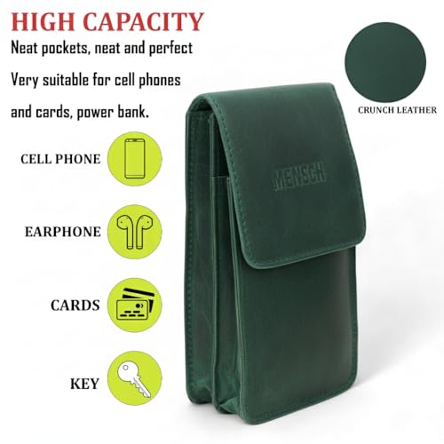 Image of MENSCH Genuine Leather Multifunctional Phone Mobile Pouch Waist Bag with Belt Loop for Accessories, Apple iPhones, Smartphones, Androids Upto 6.7 inch for Daily Use, Travelling for Men & Women (Green)