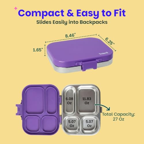 Image of Basil Bento Box Quad - 4 Compartment Stainless Steel Lunch Box with BPA-Free Plastic Lid | 800 ml Leak-Proof Tiffin Box for Kids & Adults | Premium School, Office, and Picnic Lunch Box - Purple Pop