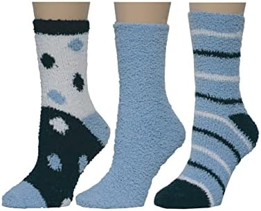 Badgley Mischka Ladies Classic Cozy Soft Plush Slipper Crew Socks, Geometric Dots, Denim Blue, One Size, Pack of 3