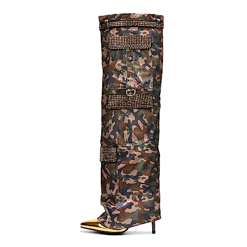 Cape Robbin Thigh High Cowboy Boots for Women - Over The Knee Boots Wide Calf - Glitter Sparkly Cowgirl, Bedazzled Bling Rhinestone Party Wear High Heel (Bunno), Camouflage, 6