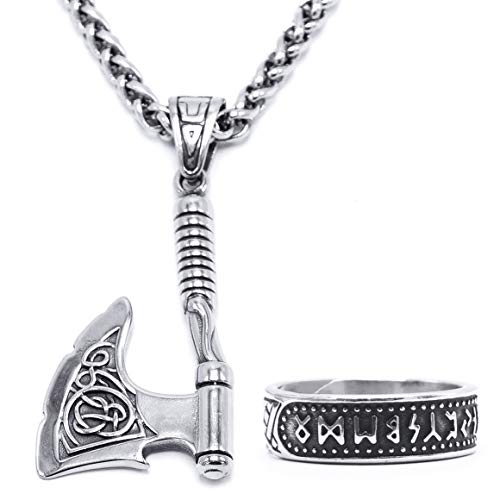 BaviPower Nordic Axe Necklace For Men Nordic Single Sided Double Sided Battle Axe Pendant Stainless Steel Keel Chain Protection (Simple Axe, 28)