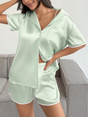 Image of Ekouaer Womens Satin Pajamas Set 2 piece Silky Buttton Down Short Pjs | Silk Notch Collar Top and Soft Shorts Lounge Set for Sleep, Daily Wear, Home, Wedding, Party