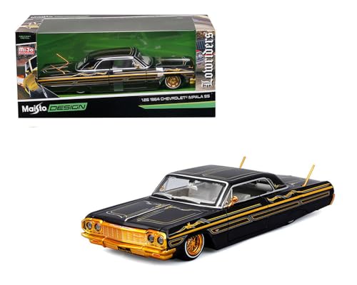 Diecast Model Car Compatible for 1964 Chevy Impala SS Lowriders Black Gold 1:26 Scale with Graphics and White Interior Limited Edition Maisto 32547BK