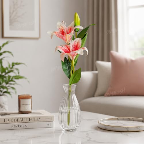 Image of Divyakosh Artificial Flower Bunch - Multiflora Fabric (1 Stick - 2 Lily Flowers) Home Decor, Bedroom, Living Room, Wedding & Festive Decoration (Color - Pink) (Without Vase)