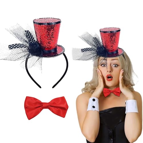 YEDOUALE Mini Chapeau de fête avec Bandeau, Rouge avec Sequins, 198 cm, pour Femmes, Accessoire Vintage pour soirées, Mariage, Halloween et Occasions spéciales