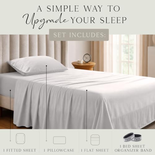 Image of KARISSA MAE Luxury Bamboo Viscose Twin Size Sheet Set | FSC Certified | Cooling | Ultra Soft | 18 inch Deep Pockets | Elastic Corner Straps | Includes Organizer Band [Cream]