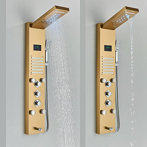 Wieoc Shower Panel Tower System Led Rainproof And Waterfall Massage Jet Spraye Stainless Steel Shower Column-Brushed Gold #TOP1
