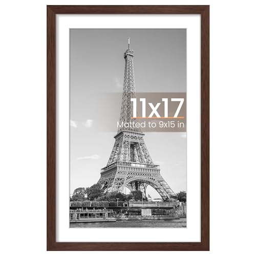 Image of upsimples 11x17 Picture Frame, Display Pictures 9x15 with Mat or 11 x 17 Without, Wall Hanging Poster Frames, Brown, 1 Pack