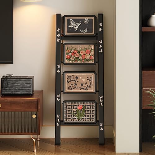 Folding Library Ladder Chair, Non-Slip Pedal, 3/4 Tier Portable Step Stool Chair, Metal Frame, Display Stand Flower Stand for Library, Kitchen, Office(43 * 83 * 92cm/17 * 33 * 36.5in)