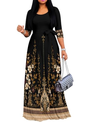 Image of PinkPatty Women's Plus Size V Neck 3 /4 Sleeve Boho Maxi Dress with Pockets
