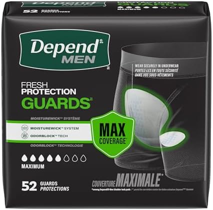 Depend Incontinence Guards for Men, Maximum Absorbency, 52 Count (Packaging May Vary) (2 Pack(52 Count))