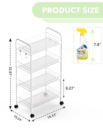 Mythinglogic 4 Tier Rolling Cart with 360° Wheels, Snack Cart, Removable Wire Baskets, Metal Utility Storage Rack for Kitchen, Bathroom, Laundry Room, Office (White)