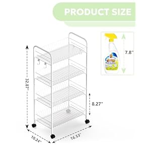 Mythinglogic 4 Tier Rolling Cart with 360 Wheels Snack Cart Removable Wire Baskets Metal Utility Storage Cart for Kitchen Bathroom Laundry Room Office White