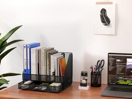 EasyPAG Desktop Metal A4 Magazine File Holder Mesh Desk Tidy Office Literature Document Ring Binder Paper Organiser Filing Rack with Drawer,5 Compartments,Black - Image 4