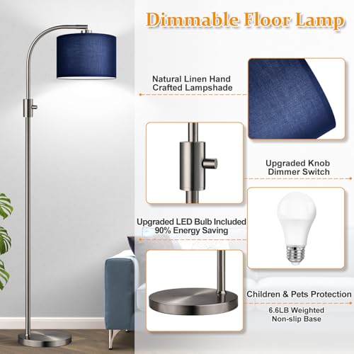 Image of Nintiue Upgraded Modern Arc Dimmable Tall Standing Floor Lamp with Blue Shade, 1200 Lumens LED Bulb Included, for Living & Reading Room, Bedroom, Office & Nursery, Brushed Nickel