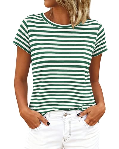 BTFBM Tops for Women Trendy Summer 2026 Crew Neck Short Sleeve T Shirts Striped Casual Vacation Blouse Basic Tee(Green White Large)