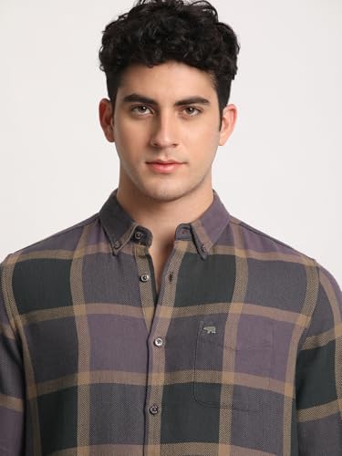 Image of Men Purple Checked Slim Fit Cotton Casual Shirt