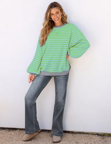Image of UEU Women Oversized Striped Crewneck Sweatshirt Long Sleeve Color Block Pullover Tops Casual Loose Workout Shirt