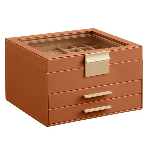 SONGMICS GISELLA Collection - Jewelry Box Organizer, 3-Layer Jewelry Storage with 2 Drawers, Shiny Metal Hardware, Glass Lid, Modern, 20.3 x 23.1 x 13.5 cm, Caramel Brown and Gold Color UJBC239K01 by SONGMICS - Used condition - CA$29.91