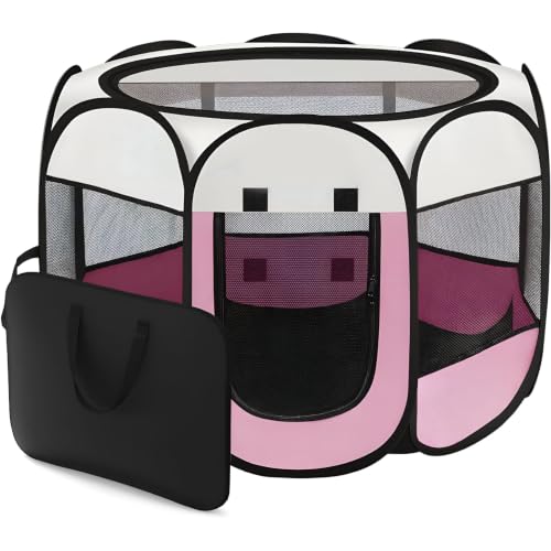 Xmena Pink Dog Cat Playpen, Portable Up Puppy Pet Crate Tent Cage for Small Dogs, Cats, Rabbits, Indoor and Outdoor Kennel with Carrying Bag, Suitable for Daily use