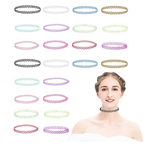 KHDULQ 24 Stücke Tattoo-Ketten-Halsketten-Set, Tattoo-Ketten der 90er Jahre, Stretch-Mode-Halskette, Buntes Tattoo-Halsketten-Set Für Frauen, Mädchen, Teenager, Kinder Cover