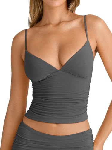 PINKMSTYLE Women Sexy Deep V Neck Double Lined Sleeveless Fitted Basic Tops Y2K Tank Top Cami Deep Grey Small