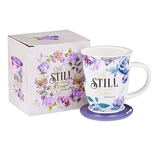 Christian Art Gifts Coffee/Tea Mug With Lid/Coaster Be Still And Know – Psalm 46:10 Bible Verse Encouraging Gift For Women 13 Ounce Ceramic Purple Roses Large Teacup With Lid #TOP4