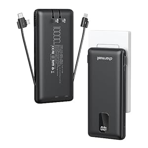 Charmast Portable Charger with Built-in Cables and AC Wall Plug, 10000mAh Compact Slim Power Bank, External Battery Pack, Travel Essentials Compatible with iPhone, Samsung, iPad, All Cellphones