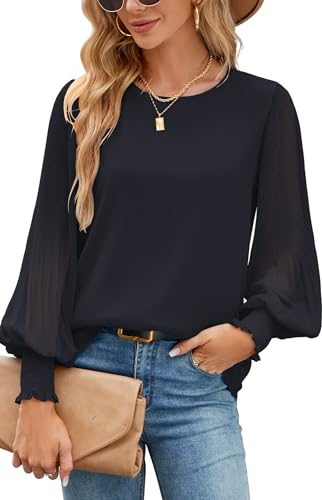 Damen Bluse Elegant Lässige Lose Tops Schwarz Einfarbig Herbst Oberteile Casual Mode Locker Doppellagig Langarmshirt Chiffon Hemdbluse Langarm Shirt Tunika Bekleidung