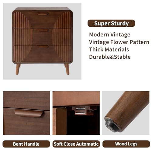 Image of HOMPUS 3-Drawer End Table, Brown 3 Drawer Nightatsand, Mid Century Wooden Bedside Table, Modern Nightstand with Vertical Stripe Pattern, Accent End Table for Living Room, Hallway, Entryway