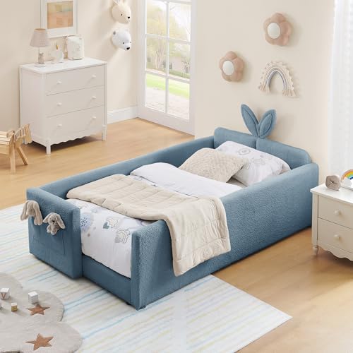 Image of KEIKI Twin Size Upholstered Platform Bed Frame with Cute Rabbit Ear Shaped Headboard and Pocket, for Boys and Girls, Platform Bed with Guardrail and Slats, No Box Spring Required, Easy Assembly, Blue