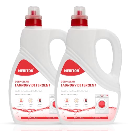 Image of Meriton Deep Clean Laundry Detergent-3 Liter Bottle (Pack of 2)| For Hand & Machine Wash | 100% Dye-Free |Safe for Colored Fabrics & Sensitive Skin|Fights 15 Tough Stains with 10X Power Clean