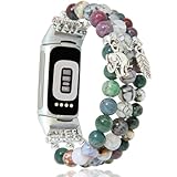 C&L Accessories Compatible with Fitbit Charge 6 & 5 Bands Natural Gemstone Beaded Handmade Adjustable Bracelet Replacement Bands for Women (Indian Agate/Dragon)
