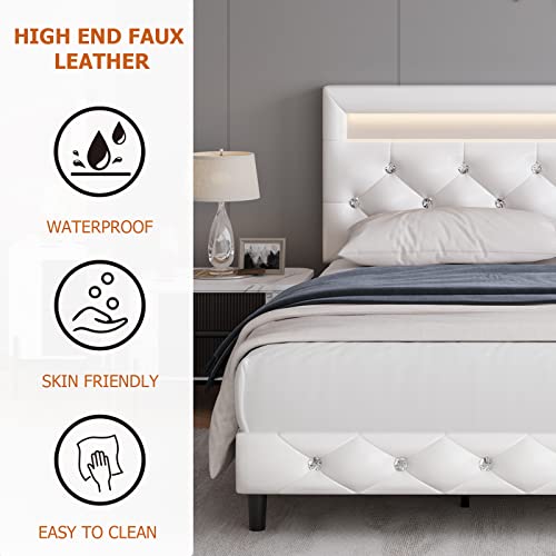 Keyluv Modern Full Size Upholstered Bed Frame with LED Lights and Tufted Headboard - White