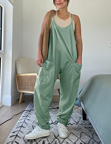Omoone Loose V Neck Jumpsuits For Women Casual Sleeveless Spaghetti Straps Stretchy Overall Jumpsuit With Pockets (3888-Cyan-L) #TOP4