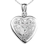 PicturesOnGold.com Sterling Silver Floral Heart Photo Locket with Diamond - 2/3 inch x 2/3 inch - (Locket Only)