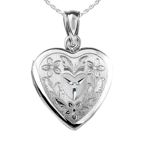 PicturesOnGold.com Sterling Silver Floral Heart Photo Locket with Diamond - 2/3 inch x 2/3 inch