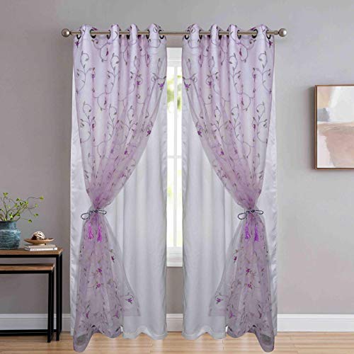 Dashing Fabrics 2 in 1 Embroidery Transparent Polyester Floral Door Curtain with 80% Blackout Curtain, Set of 2(8 Feet, Pink Embroidery + White Blackout)