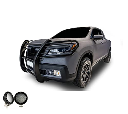 Image of Black Horse Grille brush Bumper Guard Modular Come with Pair of 5.3 inch Dia.LED Lights with Black Trim Rings Compatible with 2016-2019 Honda Ridgeline-17H01MA-PLFB