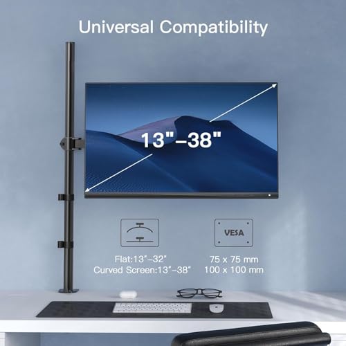 Image of HUANUO Single Monitor Arm with 39 inch Extra-Tall Pole, Adjustable Computer Desk Mount for 13-32 inch Screens and up to 38 inch Ultrawide Screens, Hold 22 lbs, Monitor Stand with C-Clamp & Grommt Base