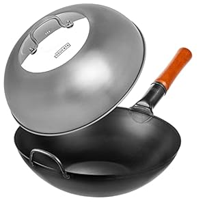 YOSUKATA Carbon Steel Wok Pan – 13,5 “ Woks and Stir Fry Pans + Wok Lid 12.8 Inch – Premium Stainless Wok Cover with Tempered Glass Insert Steam Holes and Ergonomic Handle