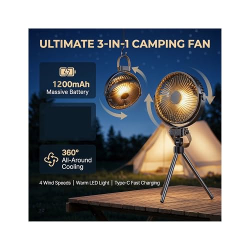 Ventilador de camping contra el calor sofocante en tiendas con luz cálida 4