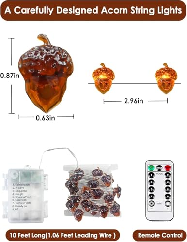 Image of Acorn Fall Lights Battery Operated LED String Lights with Remote & Timer | 8 Modes, IP44 Waterproof, 10FT 30 LED Fall Fairy Lights Twinkle for Harvest Thanksgiving Halloween Party Indoor Outdoor Decor